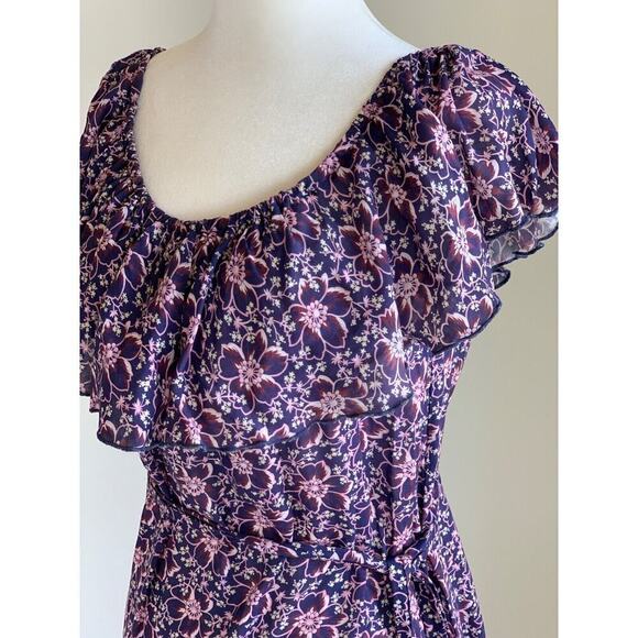 Eberjey Floral Prairie Voile Dress Ruffle Off Shoulder Belted Small Purple - Picture 4 of 11